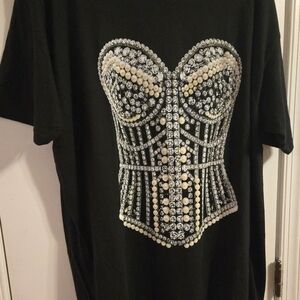 embellished corset graphic black women’s top